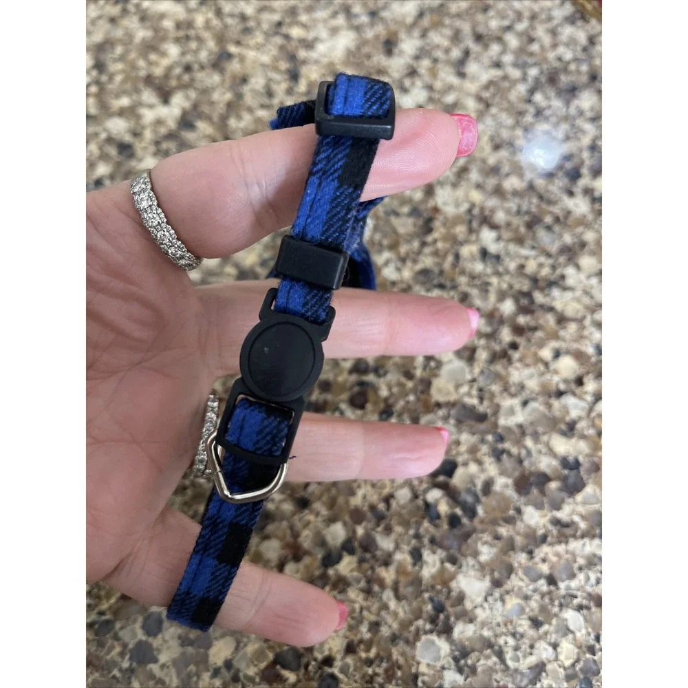 Cat Collar Breakaway with Bell and Bow Tie Blue Plaid‎ Adjustable Kitten Collar